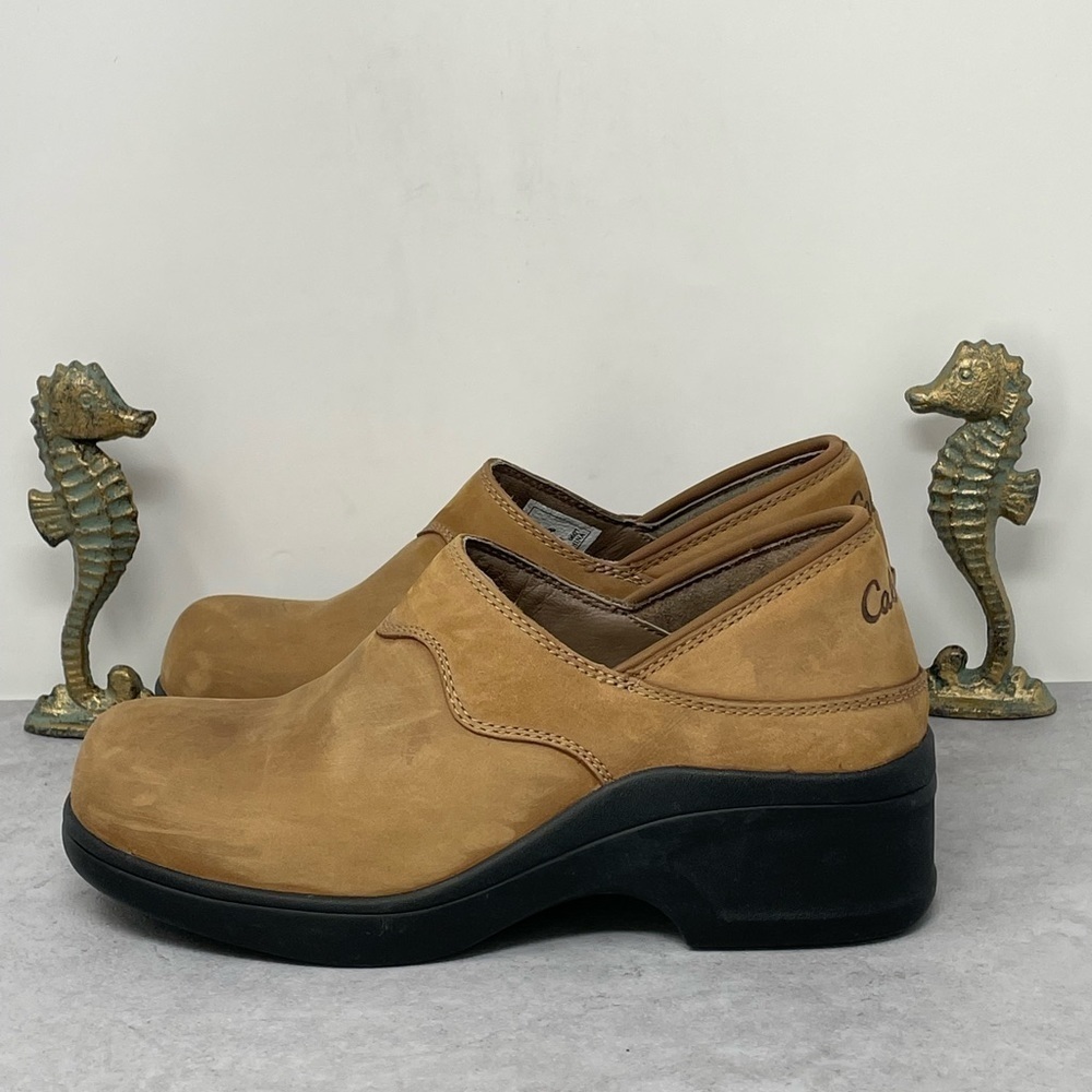 Cabelas Clogs Slip On Tan Brown Leather Shoes Womens 7 Med Wedges Occupational